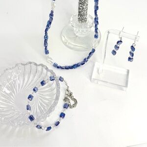 Artisan Cushion Cut Blue Beaded Necklace bracelet & earrings Set